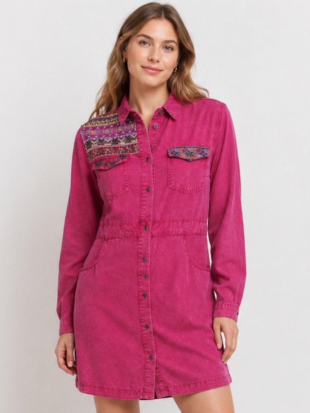 Desigual Zagori Lila Embroidered Shirt Dress Button down Pink Lyocell 42 Large